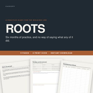 Puede incluir: Un diario de práctica digital para músicos titulado ROOTS, con una portada azul oscuro, texto en blanco y una franja naranja. El conjunto incluye 9 páginas en 4 tamaños de impresión, mostrando diseños interiores para registros de práctica.
