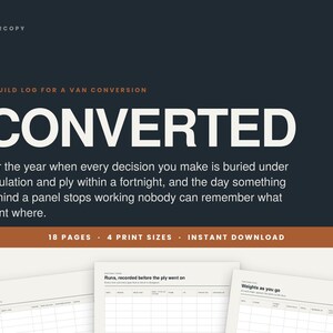 May include: A digital van conversion build log template featuring a dark blue background with white text reading CONVERTED, A BUILD LOG FOR A VAN CONVERSION, and 18 PAGES, 4 PRINT SIZES, INSTANT DOWNLOAD. Three white paper sheets with grid layouts are visible.