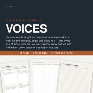 Op de afbeelding: Een digitaal oefenboek getiteld VOICES met een donkere achtergrond en witte tekst. De omslag bevat de tekst A RECORD BOOK FOR THE EXERCISES en een beschrijvende alinea. Daaronder tonen drie witte pagina's oefensjablonen en lijnen.
