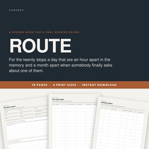 May include: A digital record book for pool service routes featuring a dark background with white text reading ROUTE, A RECORD BOOK FOR A POOL SERVICE ROUND, and three white printable pages with grid layouts for pool records and route sheets.