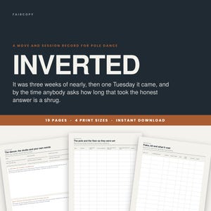 May include: A digital pole dance session record featuring a dark background with the white text INVERTED, followed by a quote. Below, three white pages with black grid lines and headers titled The dancer, The pole and the floor, and Poles, kit and what it cost.