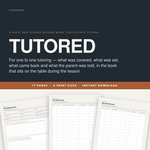 Puede incluir: Un libro de registro de alumnos y lecciones para tutores privados titulado TUTORED, que muestra tres páginas blancas con texto negro y líneas de cuadrícula. Las páginas incluyen secciones para registros de alumnos, diarios de clase y tareas.
