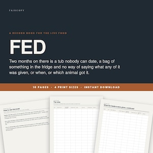 Puede incluir: Un libro de registro digital para alimento vivo titulado FED, con fondo oscuro y texto en blanco. El documento incluye instrucciones de uso, una página para el seguimiento de recipientes y una página para registrar las alimentaciones.