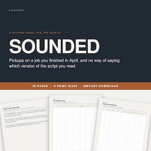 Peut inclure: Un carnet d'enregistrement numérique pour cabines de voix off intitulé SOUNDED, avec du texte blanc sur fond sombre. Le document comprend des pages pour les journaux de session et les prises, avec des instructions d'utilisation, 10 pages et 4 formats.