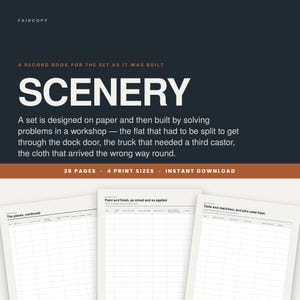 May include: A digital record book titled SCENERY with a dark background and white text. It includes 26 pages and 4 print sizes. The document features structured grid tables for tracking set construction, paint finishes, and tools used in a workshop.