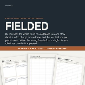 May include: A digital battle report book for tabletop gaming titled FIELDED, featuring a dark background with white text and an orange accent bar. The document includes 15 pages of templates for tracking game turns, unit movements, and opponent details.
