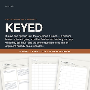 Peut inclure: Un registre de clés numérique pour la gestion immobilière intitulé KEYED, comprenant 12 pages et 4 formats d'impression. Le document inclut des sections pour suivre les détenteurs de clés et des journaux mensuels, sur fond sombre et clair.