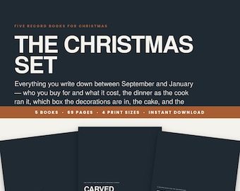 May include: A set of five record books for Christmas with dark blue covers and white text. The main title reads THE CHRISTMAS SET, with sub-text describing the contents. Three individual books are visible, titled THE LIST, CARVED, and TWELFTH.