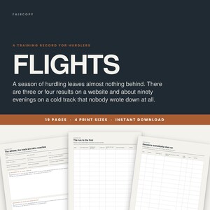 Peut inclure: Un carnet d'entraînement numérique pour hurdlers intitulé FLIGHTS, sur fond sombre avec texte blanc et accents orange. Le document comprend 19 pages avec des tableaux structurés pour suivre les données des athlètes, les séances et les temps.