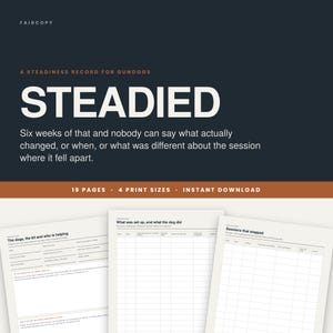 Op de afbeelding: Een digitaal document getiteld STEADIED, een vastheidsrecord voor jachthonden, met 19 pagina's en 4 afdrukformaten. De lay-out bevat tekstvelden voor het bijhouden van hondentrainingssessies, inclusief details over de hond en notities.
