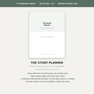 Agenda di studio stampabile, programma di revisione di 57 pagine, conto alla rovescia per gli esami, registro delle prove d'esame degli anni precedenti, strumento di monitoraggio della fiducia negli argomenti, pacchetto completo per la pianificazione dello studente.