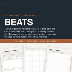 Könnte beinhalten: Ein digitales Dokument mit dem Titel BEATS und dem Untertitel A RECORD OF WHAT THE MONITOR DISPLAYED. Es umfasst 16 Seiten und 4 Druckgrößen. Der Text beschreibt das Tracking von Uhrendaten. Drei Beispielseiten zeigen Tabellen zur Erfassung von Gerätedaten.