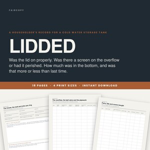 Op de afbeelding: Een digitaal registratiedocument voor een koudwatertank met de titel LIDDED. Het document bevat 18 pagina's, 4 afdrukformaten en is een directe download. Het bevat secties voor het bijhouden van onderhoud en waterniveaus van de tank.