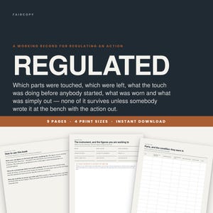 Può includere: Un documento digitale intitolato REGULATED, un registro di lavoro per regolare un'azione. Include 9 pagine, 4 formati di stampa e download istantaneo. Le pagine presentano istruzioni, un modulo per i dettagli dello strumento e una griglia.