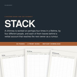 May include: A digital record book for chimneys titled STACK, featuring a dark background with white text and orange accents. The document includes 24 pages with structured tables for tracking chimney maintenance, work logs, and service history details.