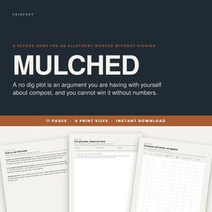 May include: A digital record book for no-dig gardening titled MULCHED, featuring a dark background with white text. The document includes 11 pages, 4 print sizes, and instant download options, with sample pages showing instructions and data tables.