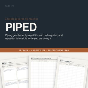 Peut inclure: Un carnet d'enregistrement numérique pour la pratique du pochage intitulé PIPED, sur fond sombre avec du texte blanc. Le document comprend 12 pages et 4 formats d'impression. Trois pages exemples montrent des grilles pour le suivi.