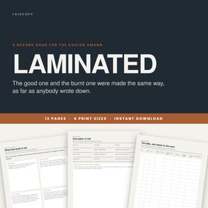 May include: A digital record book for Kouign Amann baking featuring a dark blue cover with white text reading LAMINATED and A RECORD BOOK FOR THE KOUIGN AMANN. Includes 13 pages and 4 print sizes. The interior pages show structured baking logs.