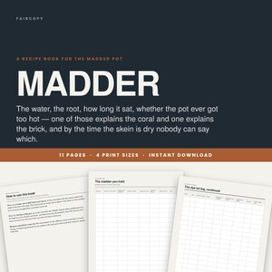 May include: A digital recipe book for the madder pot titled MADDER, featuring 11 pages and 4 print sizes. The cover is dark blue with white text and an orange accent bar. Three interior pages show instructional text and blank data log grids.