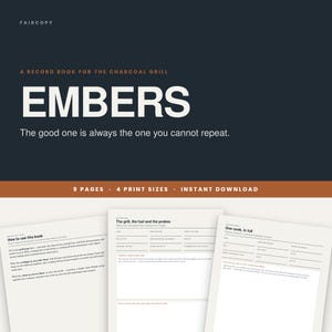 Puede incluir: Un libro de registro digital para parrillas de carbón titulado Embers, con un fondo oscuro y texto en blanco. El documento incluye páginas para instrucciones, configuraciones de parrilla y registros de cocina con encabezados claros.