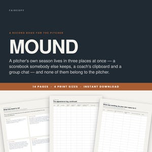 May include: A digital record book for baseball pitchers titled MOUND, featuring 14 pages and 4 print sizes. The dark background displays white text describing the book's purpose, while three sample pages show grid layouts for tracking performance.