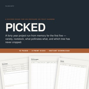 May include: A digital record book for an orchard or fruit garden titled PICKED, featuring 12 pages and 4 print sizes. The dark background displays white text including A record book for an orchard or fruit garden, and three sample pages with grids.