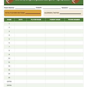 Peut inclure: Une feuille d'inscription pour les sacs de friandises d'une équipe de football, verte et blanche, avec des graphismes de ballons de football marron. Le formulaire inclut des champs pour le nom de l'équipe, l'entraîneur, la saison et les allergies.
