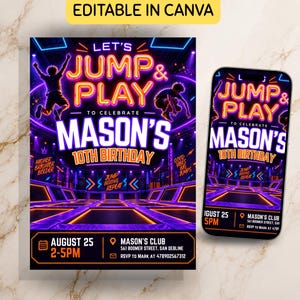 Editable Trampoline Park Birthday Invitation, Jump Party Invite, Editable Canva Template, Kids Birthday Digital Invite, Digital Download