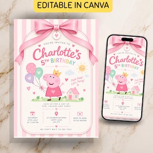 Pode incluir: Um modelo de convite de aniversário digital com fundo listrado rosa, um grande laço rosa e um personagem de porco de desenho animado com uma coroa. O texto diz Charlotte's 5th Birthday, Oink Oink! Let's Party! e inclui detalhes do evento.