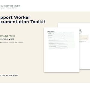 Op de afbeelding: Een Support Worker Documentation Toolkit digitaal product met de tekst Purposeful Resource Studio, 24 printbare pagina's, PDF + bewerkbaar Word, en Respite, Supportive Living, Care Support. Twee documentpagina's worden getoond.