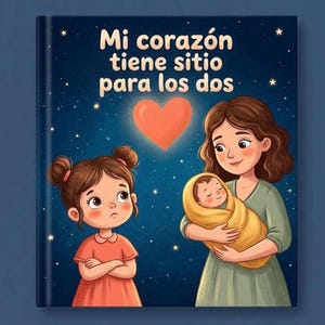 Puede incluir: Una portada de libro de tapa dura con un fondo azul oscuro estrellado que muestra a una niña con vestido color melocotón, una persona con vestido verde cargando a un bebé envuelto y un gran corazón naranja. El texto dice: Mi corazón tiene sitio para los dos.