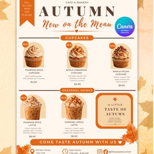 May include: A beige menu flyer titled The Sweet Corner Cafe & Bakery Autumn New on the Menu. It features images of three cupcakes and two iced lattes with descriptions and prices. The design includes orange maple leaf accents and text.