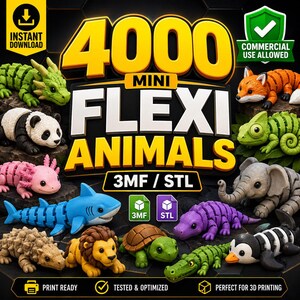 May include: A digital graphic featuring the text 4000 MINI FLEXI ANIMALS 3MF / STL. The image displays various articulated 3D-printed animal figures including a green dragon, panda, pink axolotl, blue shark, lion, turtle, fox, chameleon, elephant, purple lizard, crocodile, and penguin.