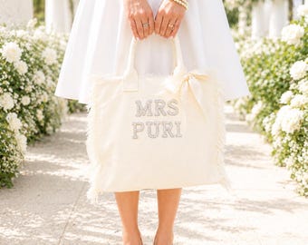 Personalized Bride Beach Tote, Pearl Rhinestone Letters, Fringe Trim, Ivory Bridal Bag