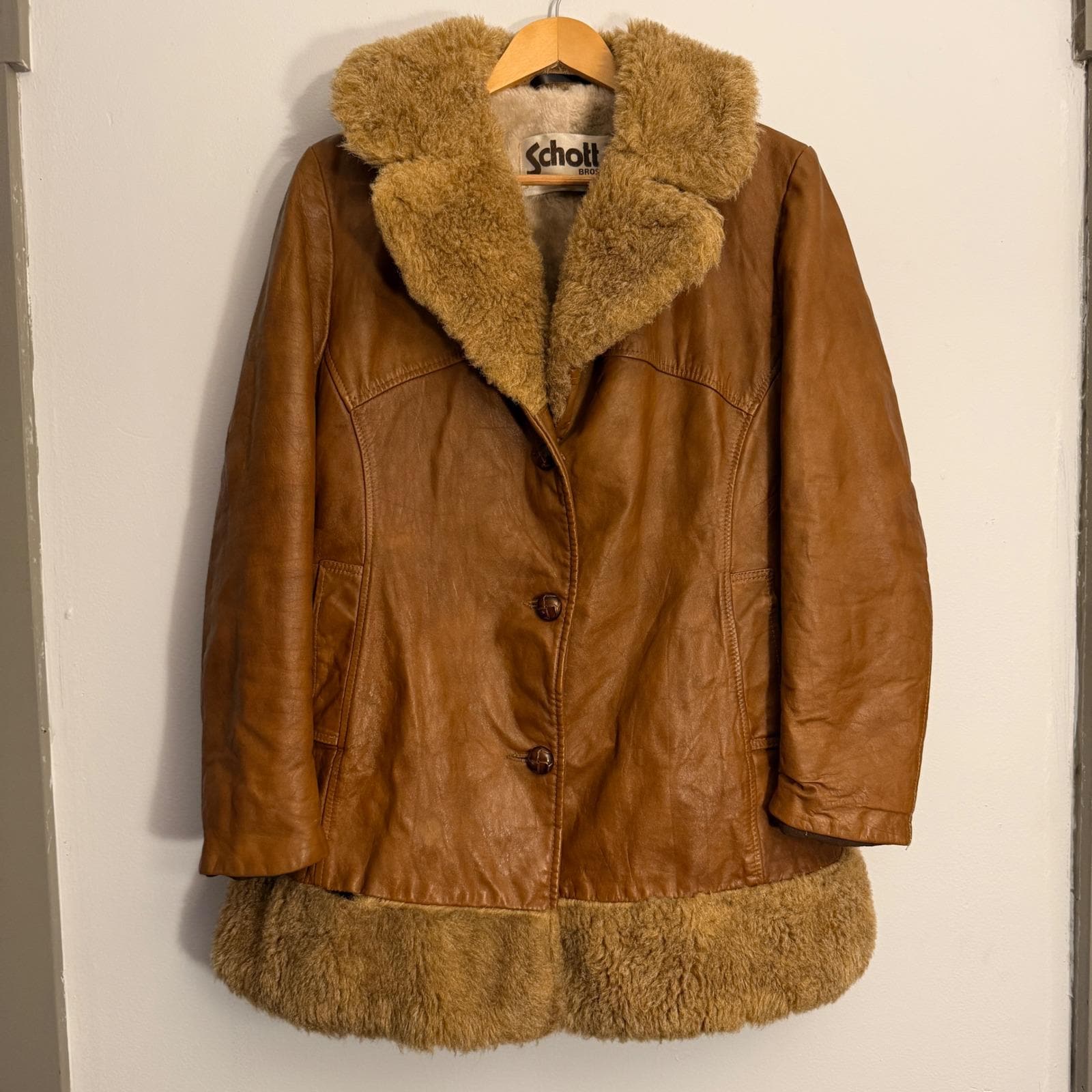 Schott, Vintage Schott Bros Leather Faux Fur Trim Shearling Lined Jacket Tan Size 18