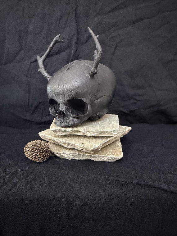 A handmade horned baby skull sculpture that straddles the line between unsettling art object and darkly beautiful gothic decor — clearly crafted by a human hand, not a mold factory.