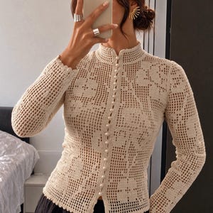 Filet Crochet Cardigan Pattern PDF, Rose Lace Button Up Blouse, Long Sleeve, Sizes S-XL