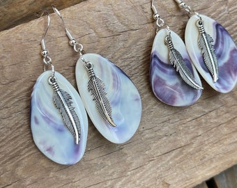 Large Wampum Earrings, Cape Cod Wampum Jewelry, wampum feather earrings, polished Wampum Jewelry, Wampum shell earrings