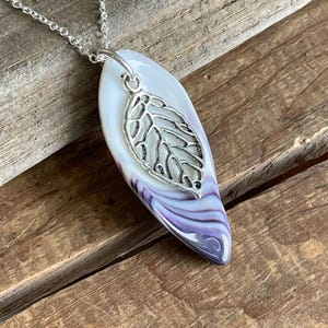 Wampum Pendant with Filigree Leaf, Polished Striped Wampum Necklace from Buzzard’s Bay,  Martha&#39;s Vineyard Gifts