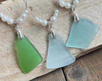 Blue Sea Glass Necklace : Genuine Beach Glass Pendant, Silver-Plated Jewelry, Faux Pearl Accents