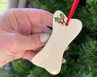 Ceramic Dog Bone Ornament : Handmade Pottery, Personalized New Puppy Gift, 2026 Christmas Ornaments