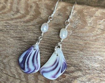 925 Silver, Wampum Earrings, Wampum Pearl earrings, Eco-friendly, wampum shell jewelry, Cape Cod wampum Jewelry, silver Wampum Jewelry