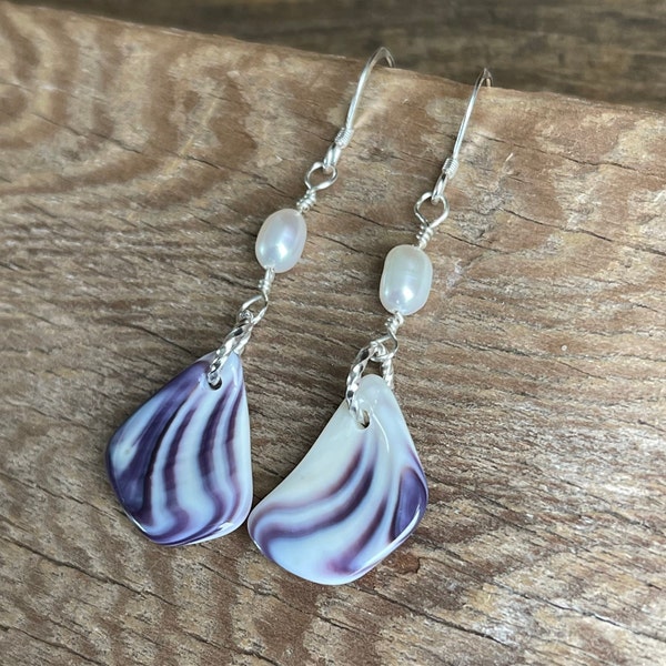 925 Silver, Wampum Earrings, Wampum Pearl earrings, Eco-friendly, wampum shell jewelry, Cape Cod wampum Jewelry, silver Wampum Jewelry