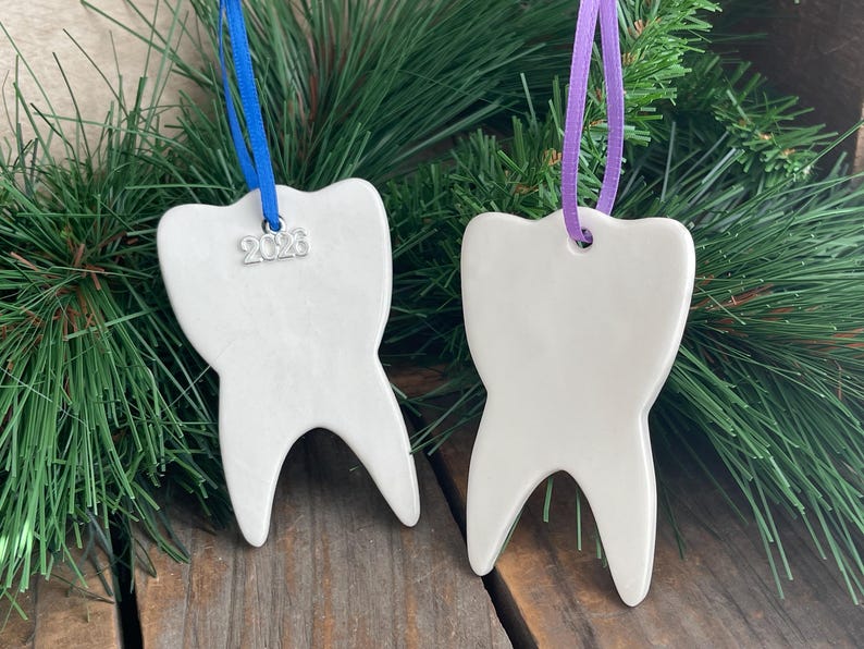 May include: Two white ceramic tooth-shaped ornaments. One ornament features a blue ribbon and a silver charm with the text 2023. The other ornament features a purple ribbon. Both items are smooth, glossy, and shaped like a human molar.