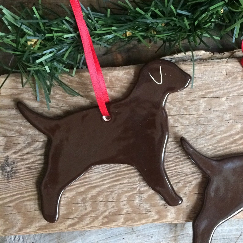 Pu&ograve; includere: Un ornamento in ceramica marrone scuro lucido a forma di cane Labrador retriever. L'ornamento presenta una superficie liscia e riflettente e un piccolo foro nella parte superiore, attraverso il quale &egrave; infilato un sottile nastro rosso vivo.