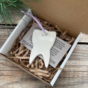 May include: A white ceramic tooth-shaped ornament with a silver charm reading 2025, suspended by a light purple ribbon. The ornament rests inside a white cardboard box filled with brown paper crinkle filler and a card with the text BEACHWOOD.