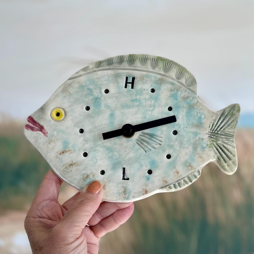 Atlantic Tide Clock : Handmade Ceramic Fish Clock, Wall or Desk Decor ...