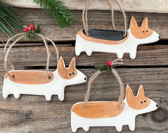 Handmade Corgi Ornament : Ceramic Dog Christmas Ornaments, Brindle, Red, White, Tri-color Welsh Corgis