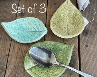 Hydrangea Leaf dishes, set of 3, small gift, hydrangea leaf dish, leaf tea rest, leaf ring dish, leaf Tea bag Holder, Leaf spoon rest