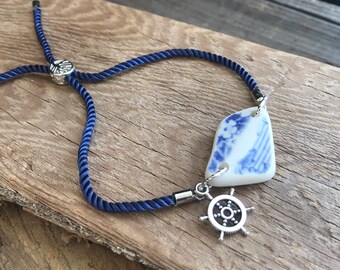 Nautical Slider Bracelet, eco-friendly, Sea Pottery Bracelet, Adjustable Friendship Bracelet, Friendship Bracelet, Blue anklet, surfer gift